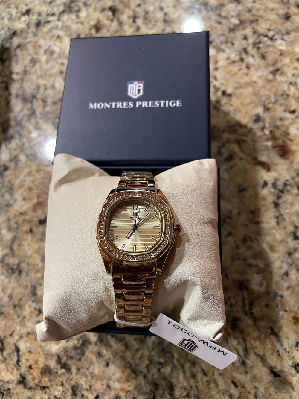 Montres Prestige Women’s Gold-Tone Crystal Accent Bracelet Watch